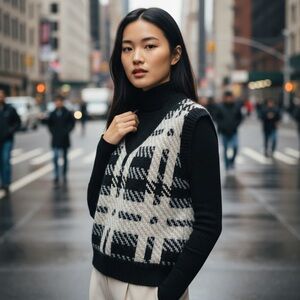 AMY Chinese Brand Oversized Fuzzy Plaid Knit Vest V-Neck Sweater Top Med